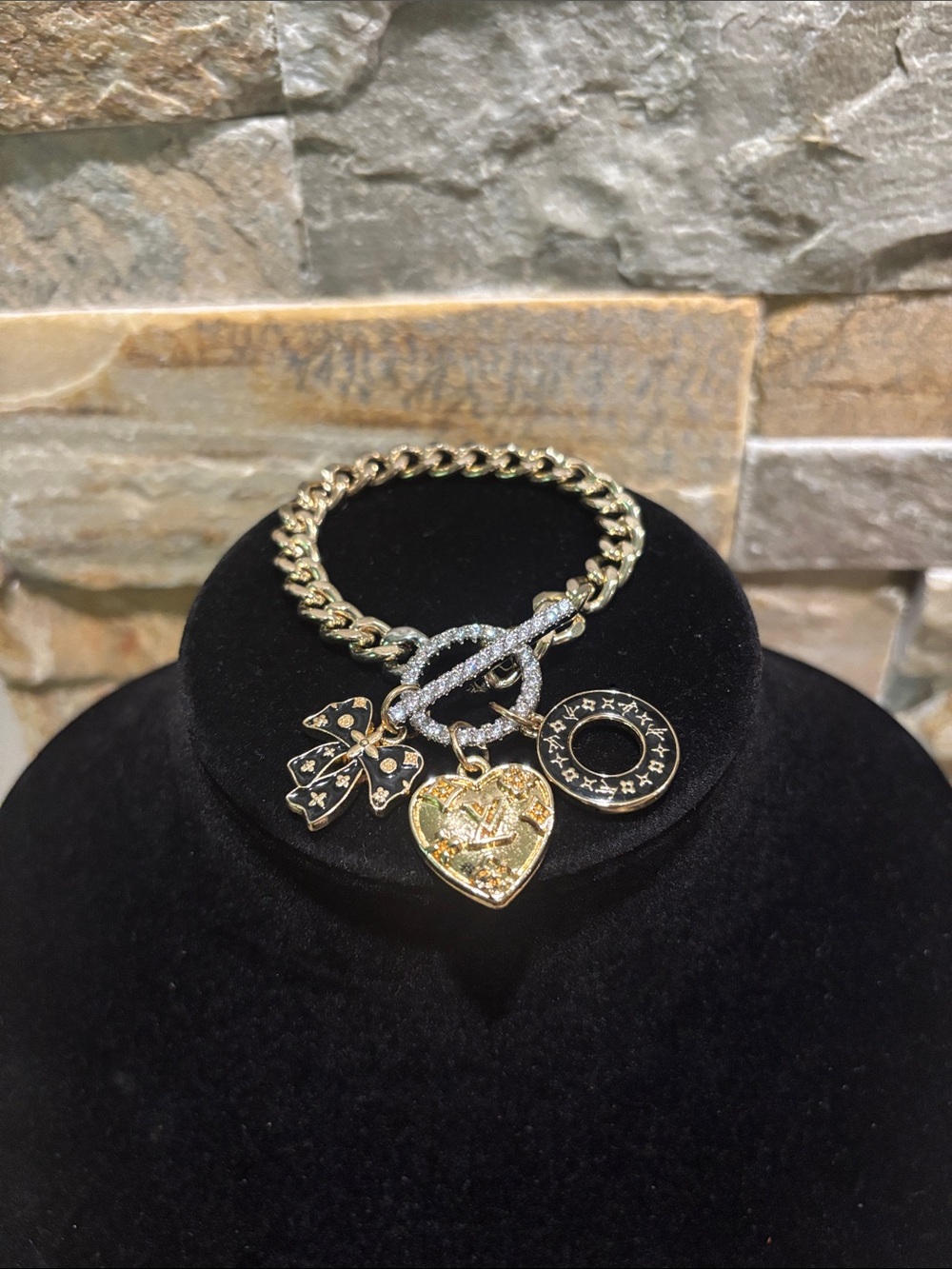 Gold-Plated Charm Toggle Bracelet with LV Heart, Bow & Disc Charms